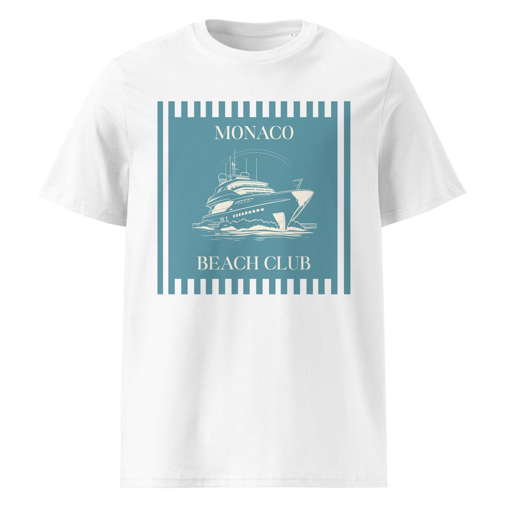 Monaco Beach Club T-shirt in white, front product view on a pale background.