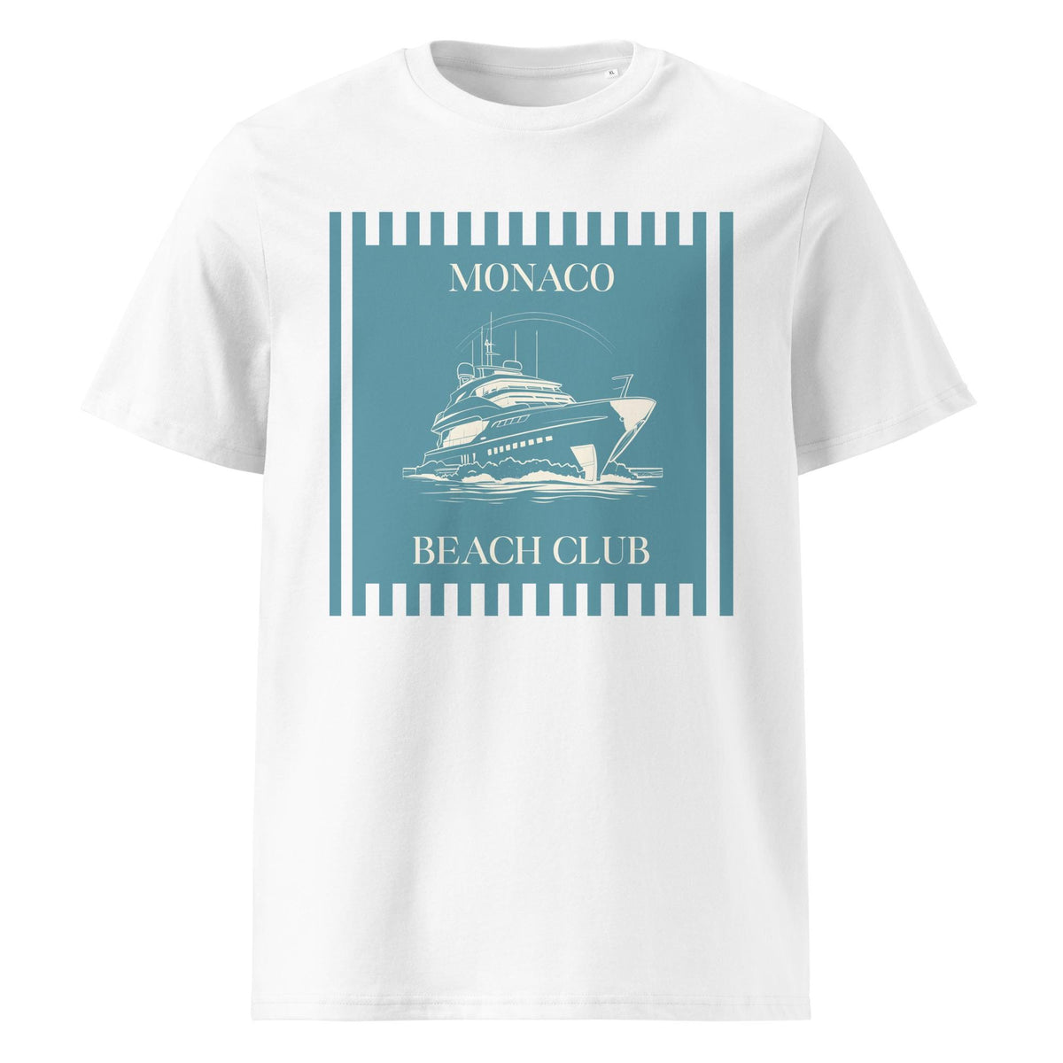 Monaco Beach Club T-shirt in white, front product view on a pale background.
