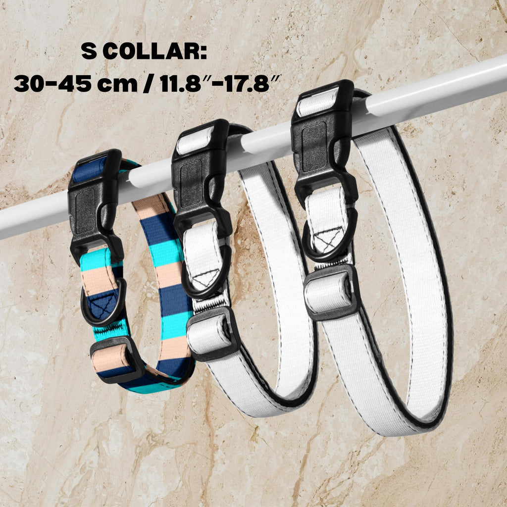 Blue Stripe padded dog collar S size diagram showing a 30–45 cm adjustment range and padded interior.