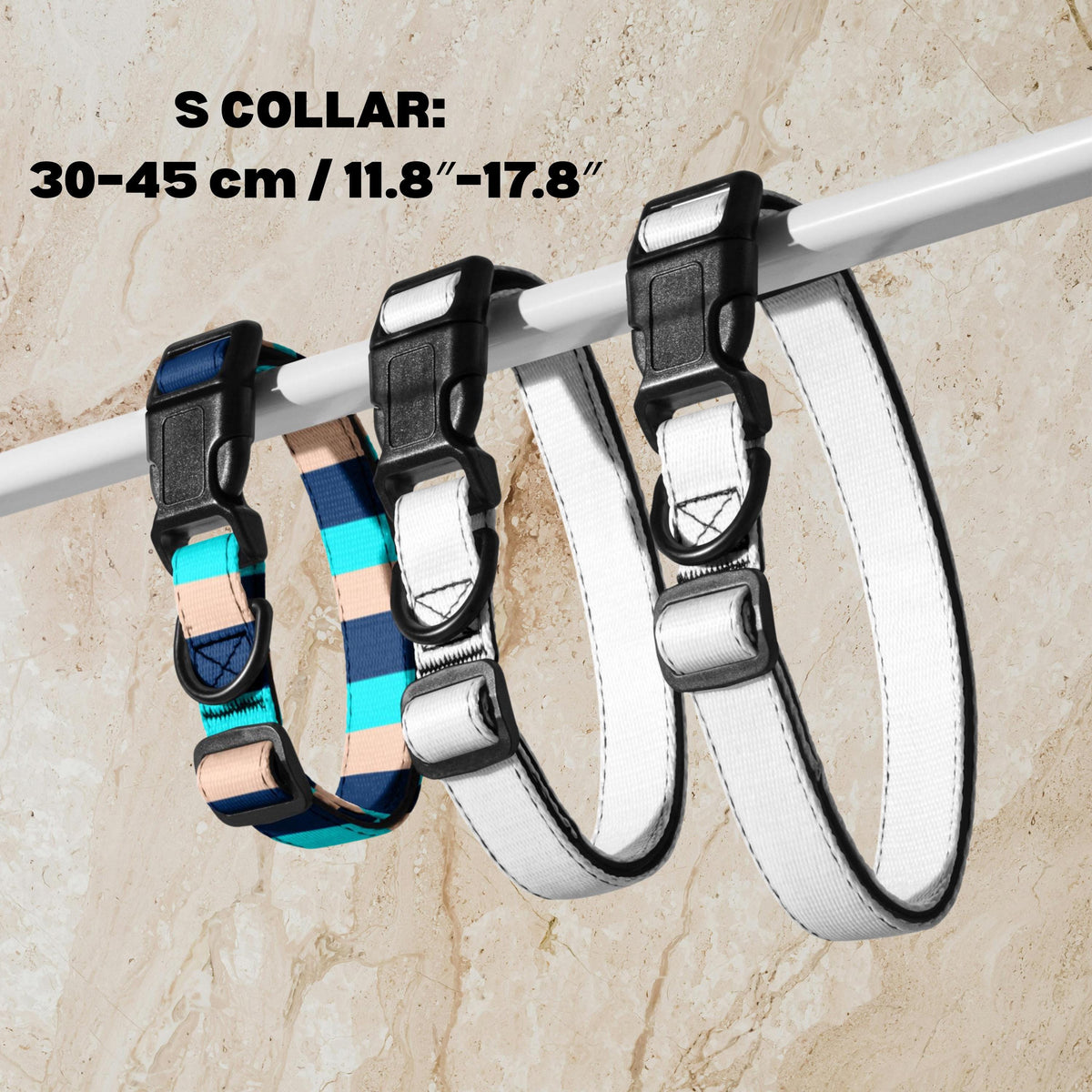 Blue Stripe padded dog collar S size diagram showing a 30–45 cm adjustment range and padded interior.
