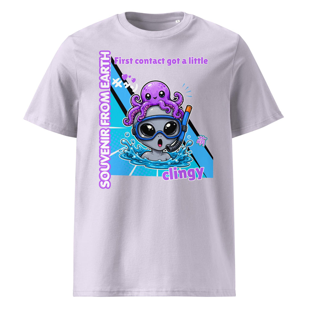 Alien Octopus snorkeling T-shirt in lavender, front product view on a pale background.