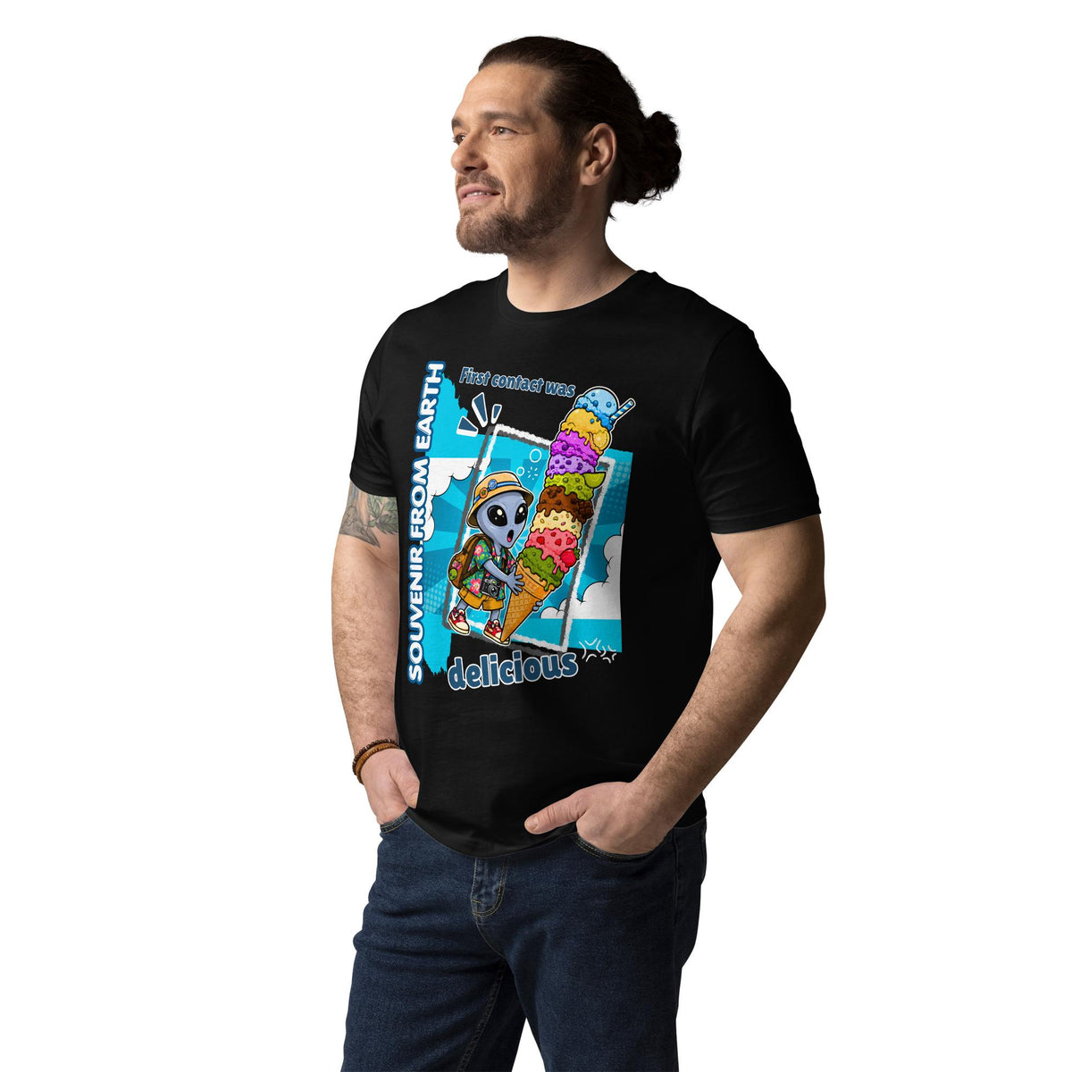 Alien Ice Cream T-shirt in black, worn by a model with hands in pockets, three-quarter view.