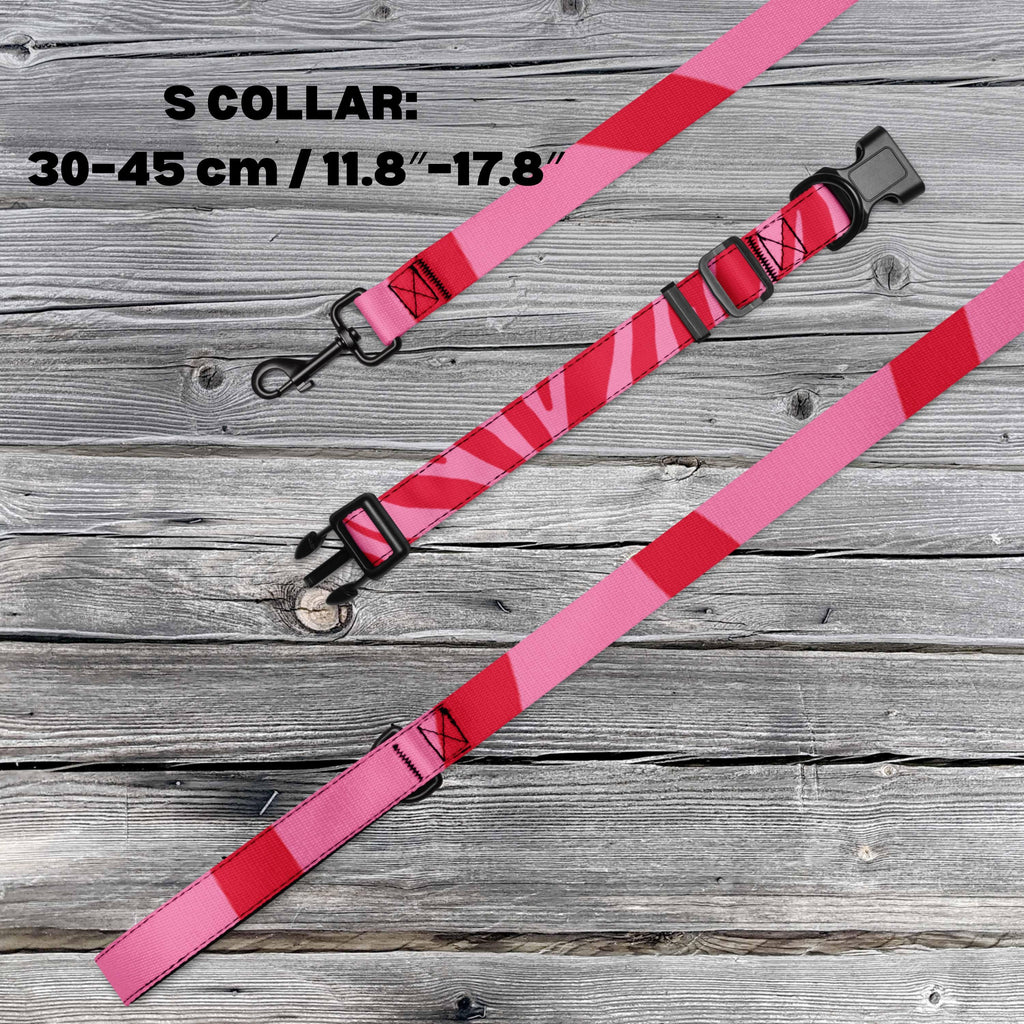 Pink Zebra dog collar and leash set S size diagram showing the collar's 30–45 cm adjustment range.