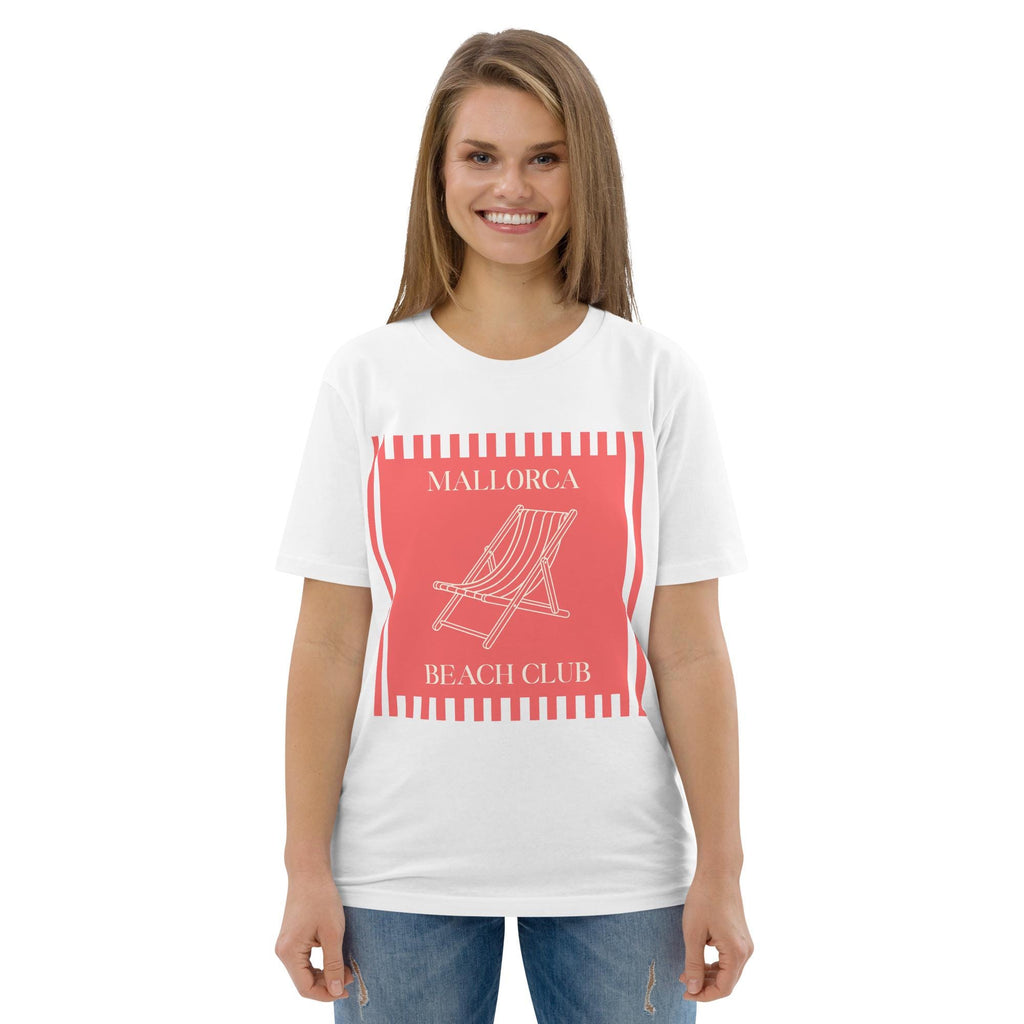 Mallorca Beach Club T-shirt in white, worn by a model with blue jeans, front view.