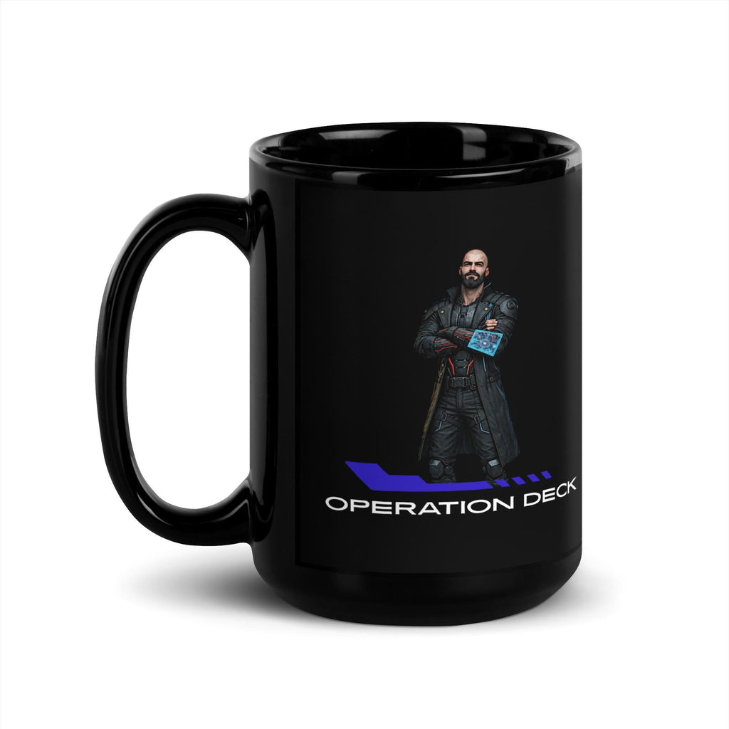Black Operation Deck gaming mug tall mug character artwork side on a white background.