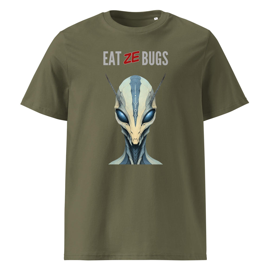 Eat Ze Bugs alien T-shirt in khaki, front product view on white.