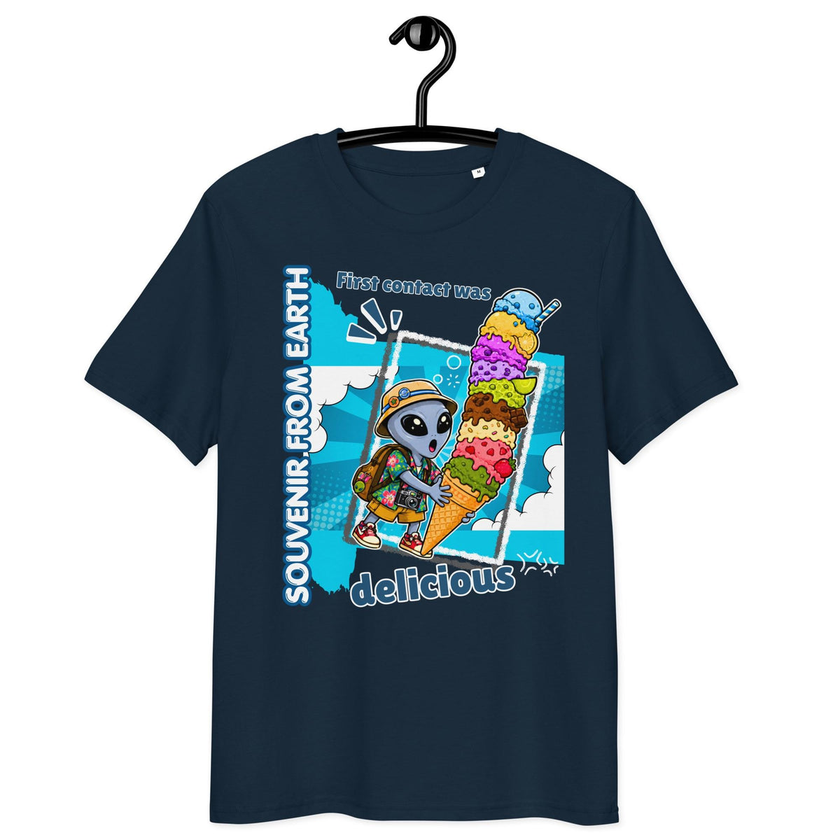 Alien Ice Cream T-shirt in navy, hanging front view on white.