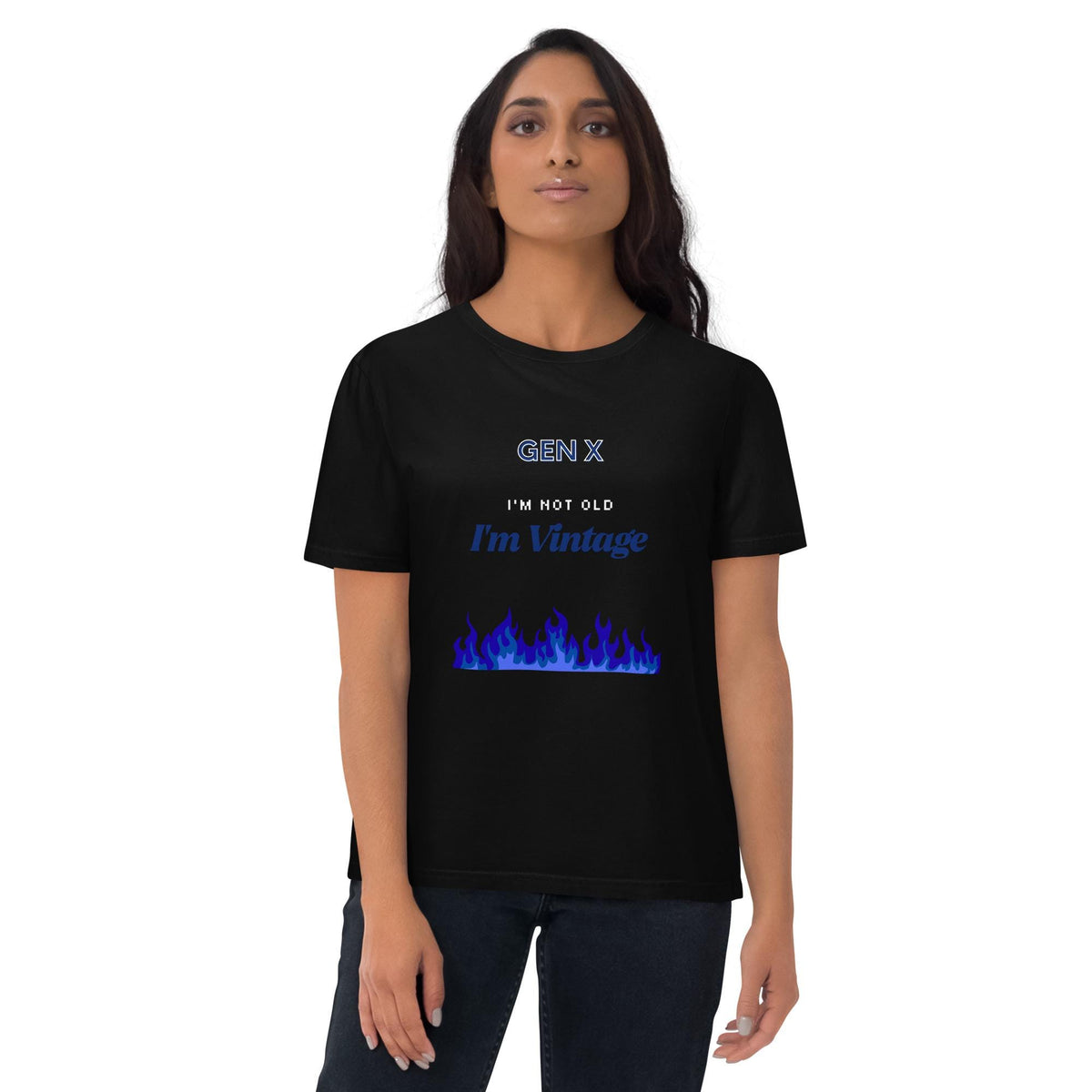 Gen X Blue Flame Vintage T-shirt in black, worn by a model on white, front view.