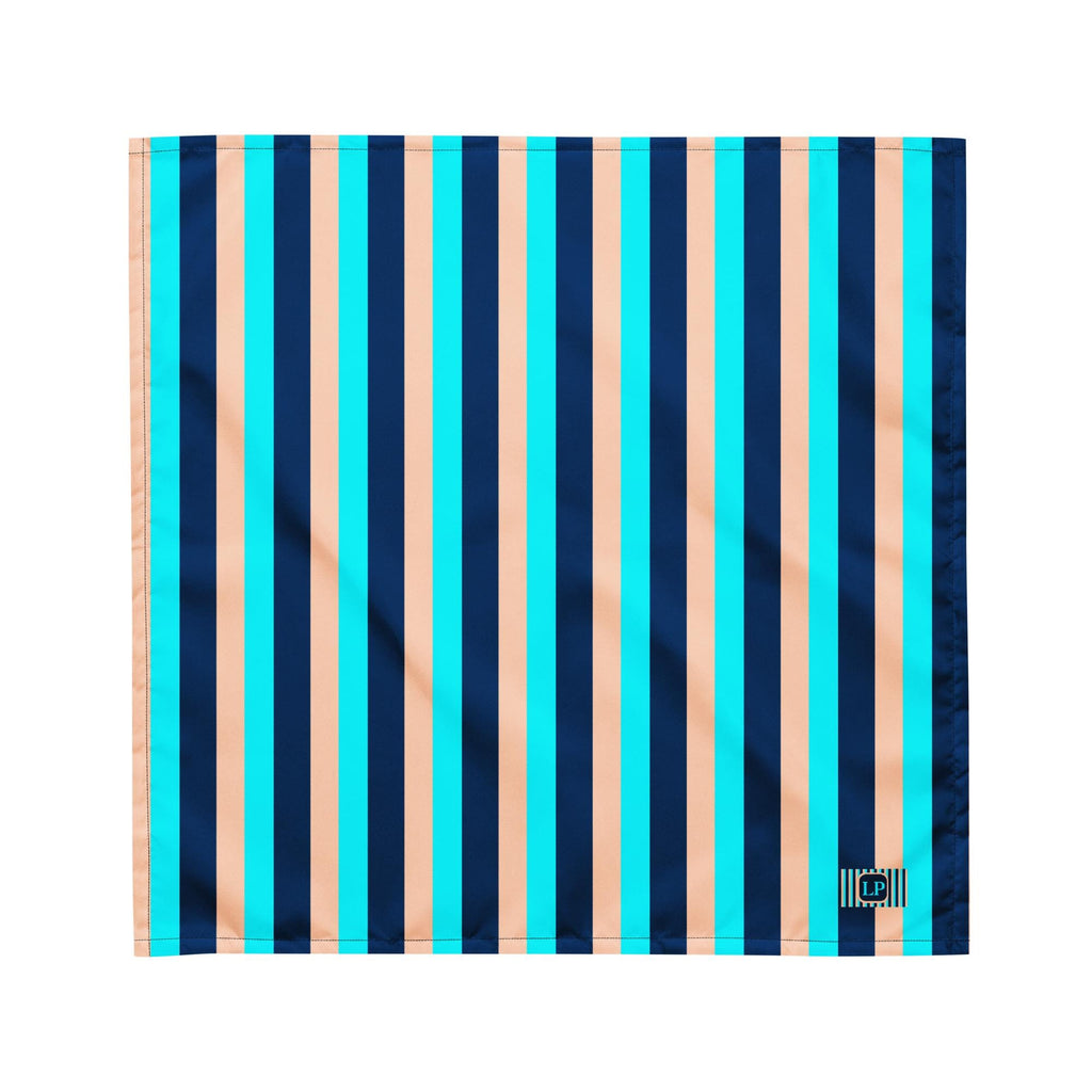 Blue Stripe bandana flat product view of the navy, turquoise and sand striped design on white.