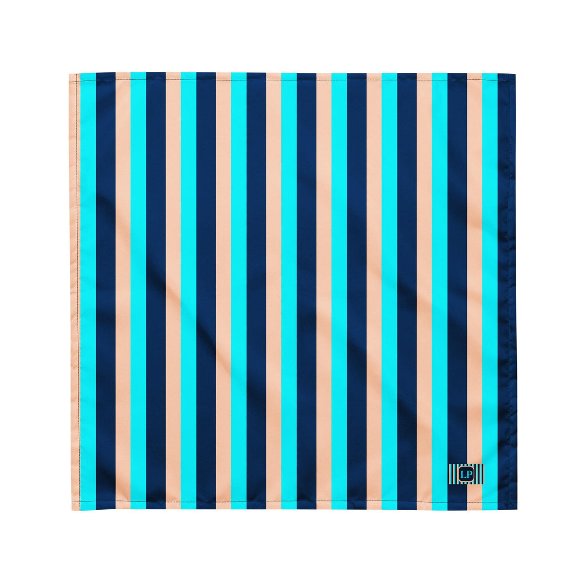 Blue Stripe bandana flat product view of the navy, turquoise and sand striped design on white.