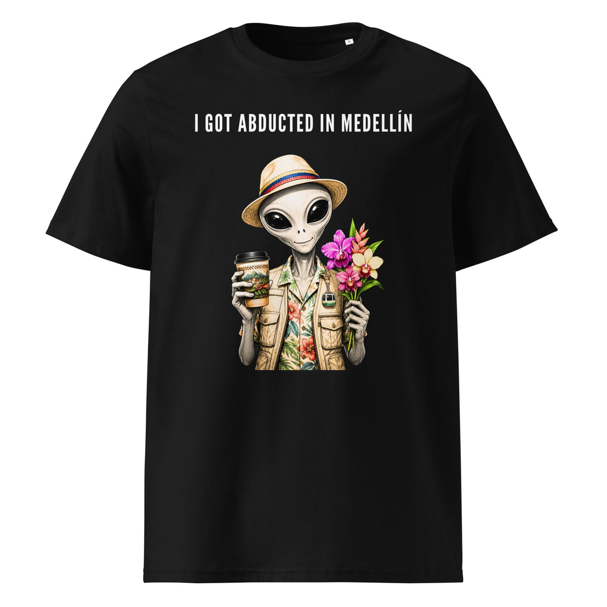 I Got Abducted in Medellin alien T-shirt in black, front product view on white.
