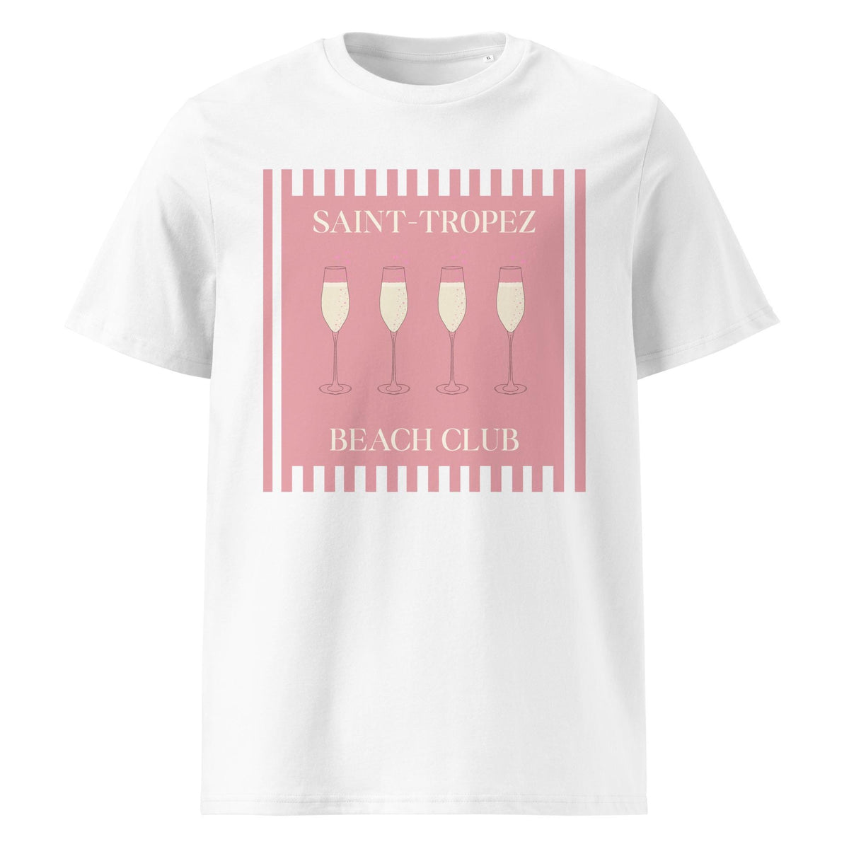 Saint-Tropez Beach Club T-shirt in white, front product view on a pale background.