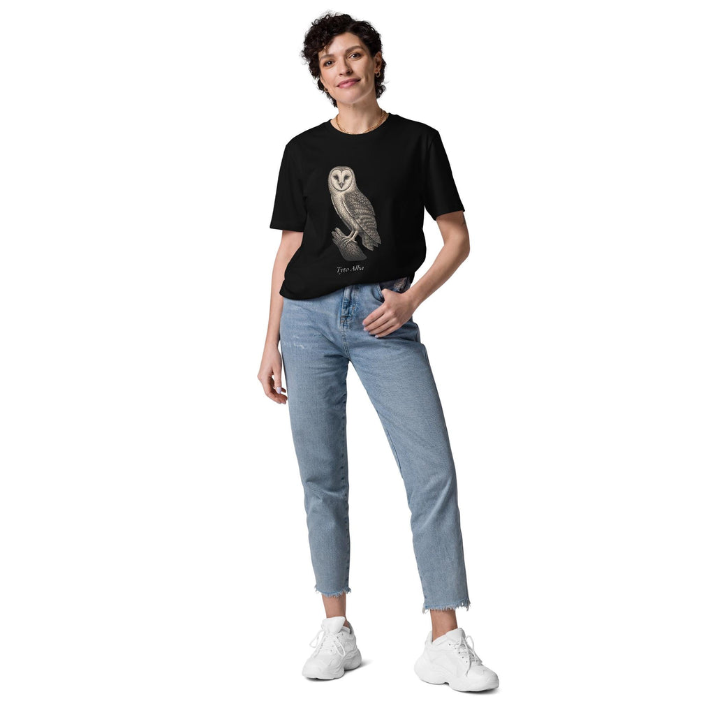 Vintage Barn Owl T-shirt in black, full-length view on a model with blue jeans.