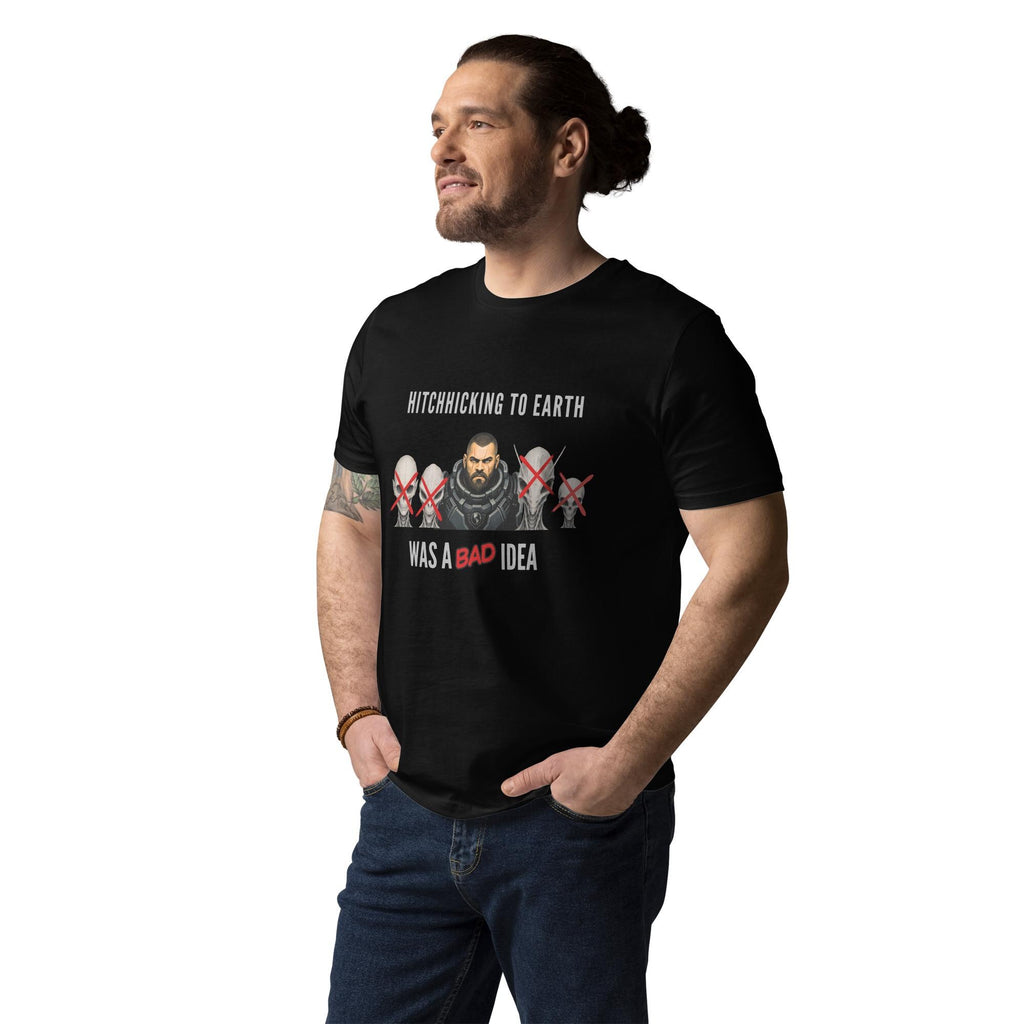 Alien Hitchhiking T-shirt in black, worn by a model with jeans, three-quarter view.