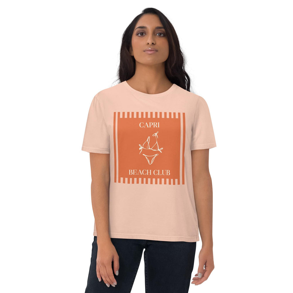 Capri Beach Club T-shirt in peach, worn by a model on white, front view.