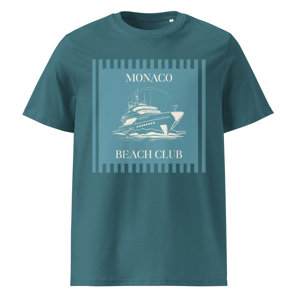 Monaco Beach Club T-shirt in teal, front product view on a white background.