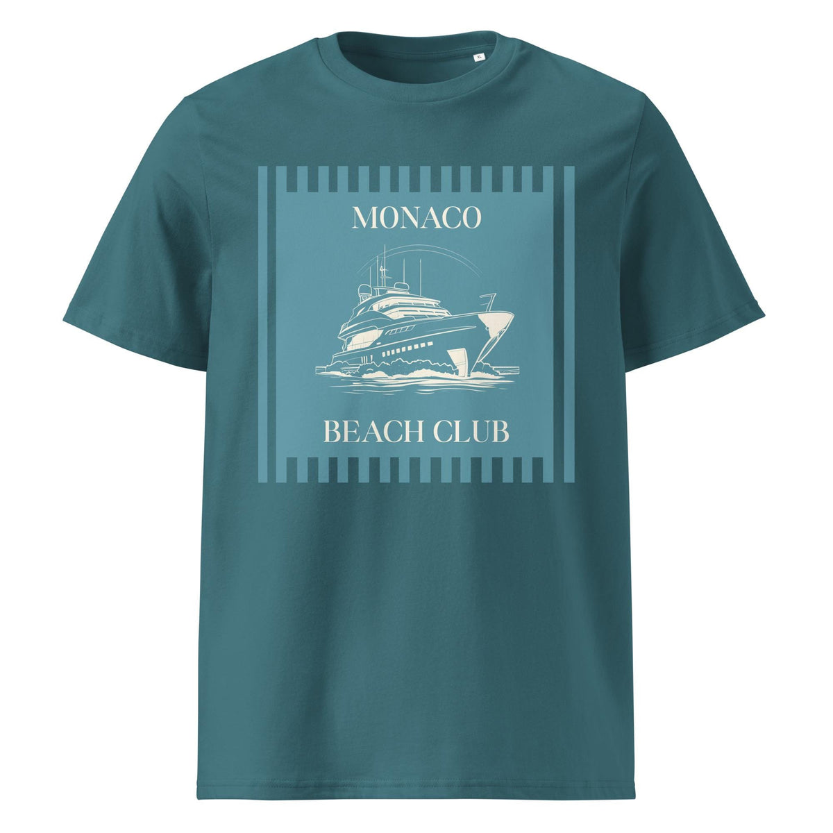 Monaco Beach Club T-shirt in teal, front product view on a white background.