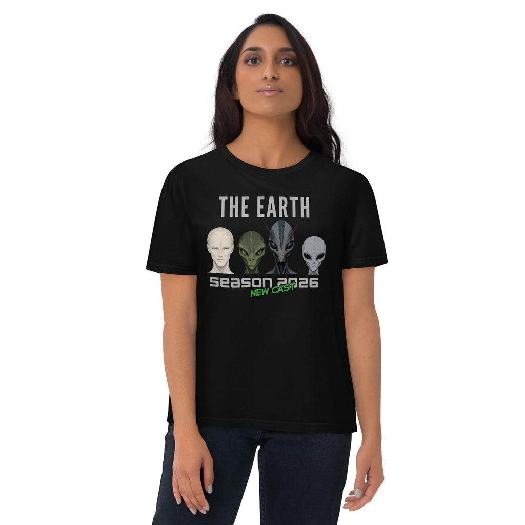The Earth Season 2026 alien T-shirt in black, worn by a model on white, front view.