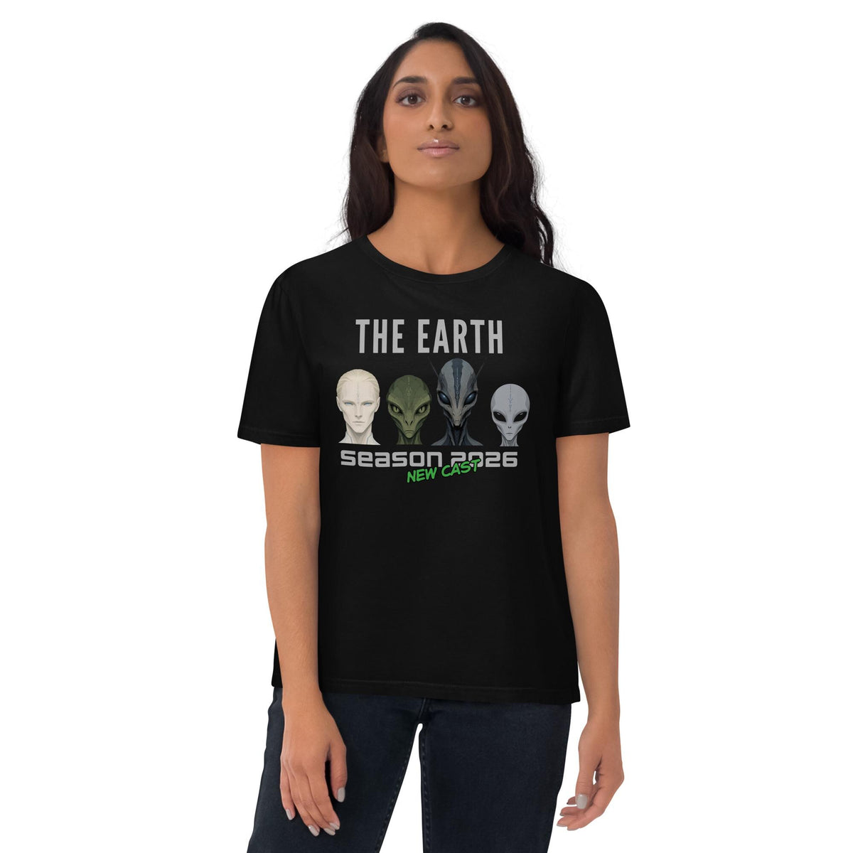 The Earth Season 2026 alien T-shirt in black, worn by a model on white, front view.