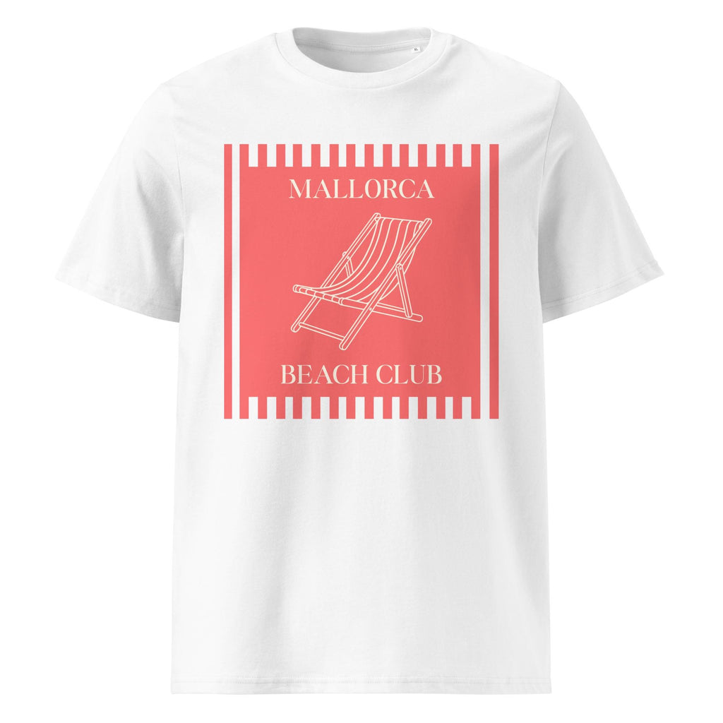 Mallorca Beach Club T-shirt in white, front product view on a pale background.