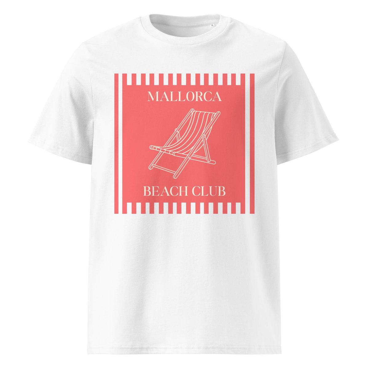 Mallorca Beach Club T-shirt in white, front product view on a pale background.