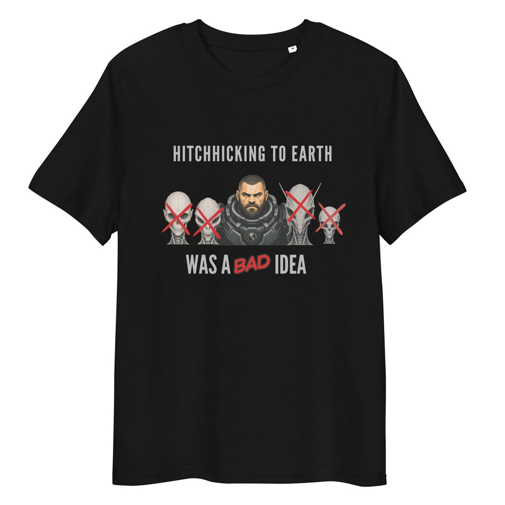 Alien Hitchhiking T-shirt in black, front product view on white.