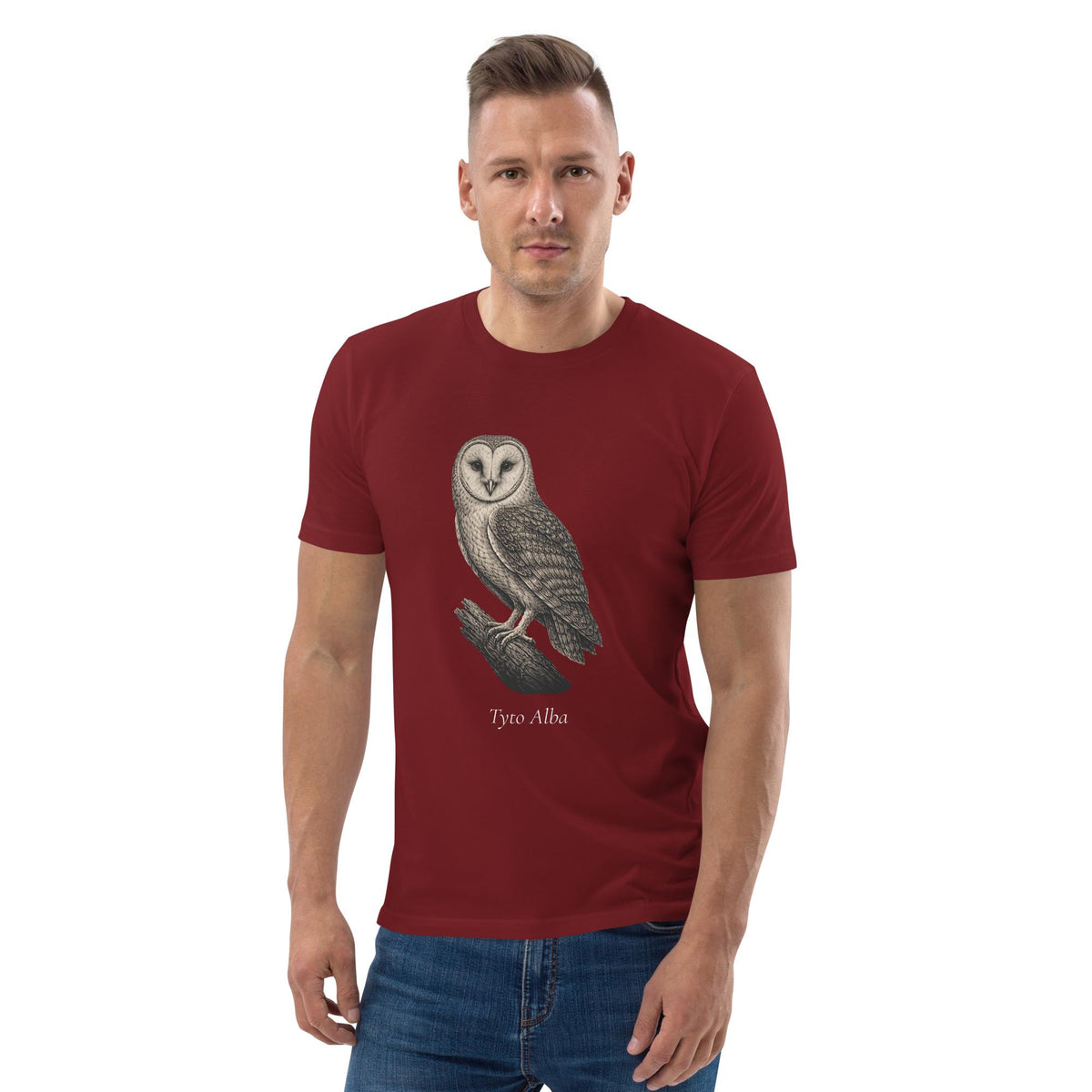 Vintage Barn Owl T-shirt in burgundy, worn by a model with jeans, front view on white.