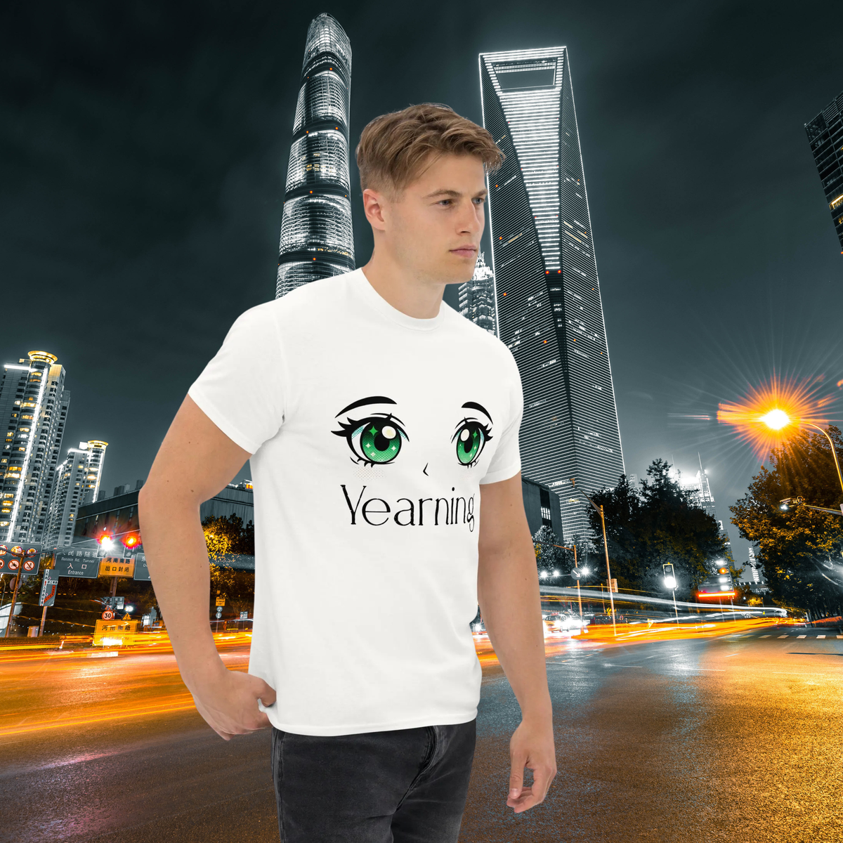 Yearning T-Shirt: green manga-style eyes and Yearning typography.
