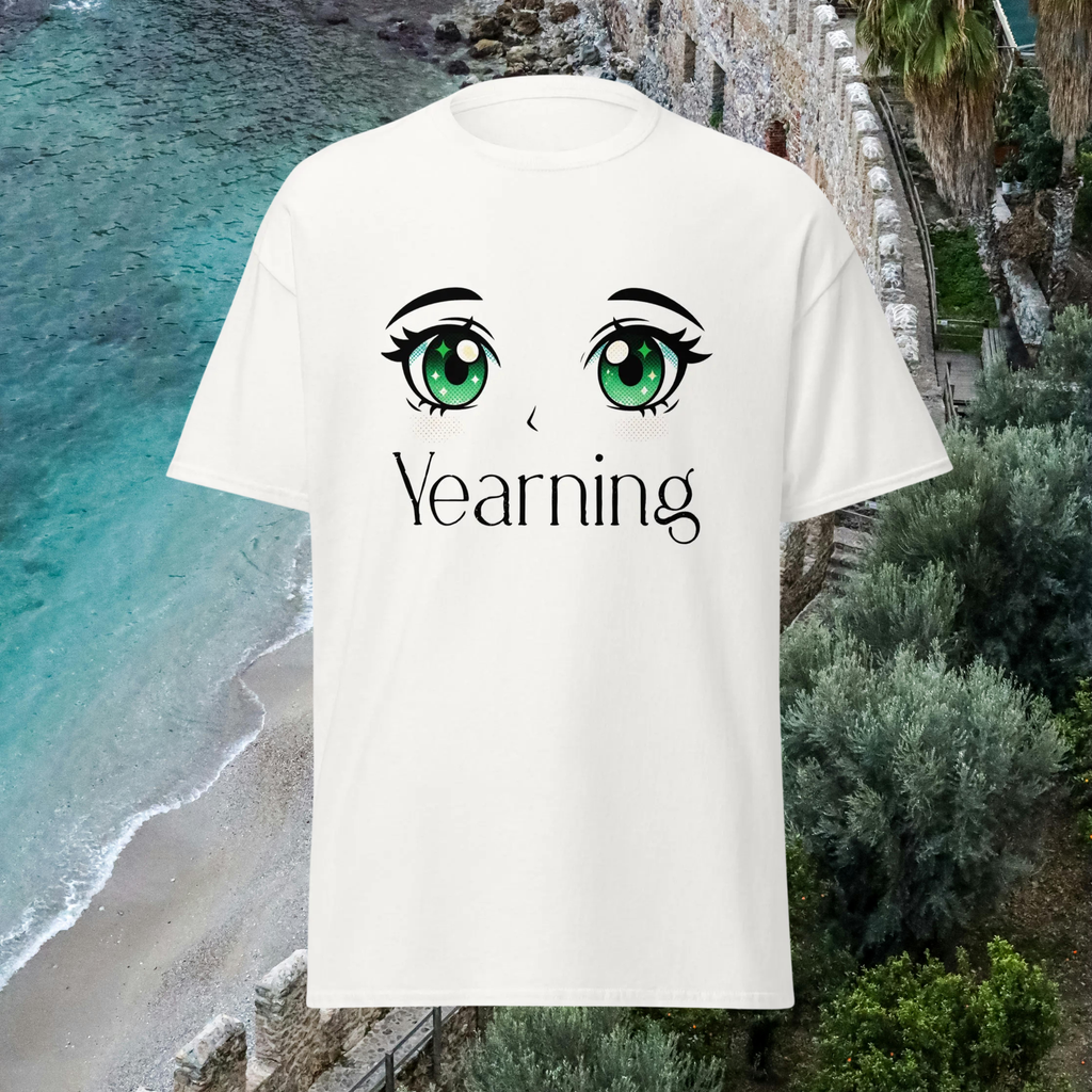 Yearning T-Shirt: green manga-style eyes and Yearning typography.