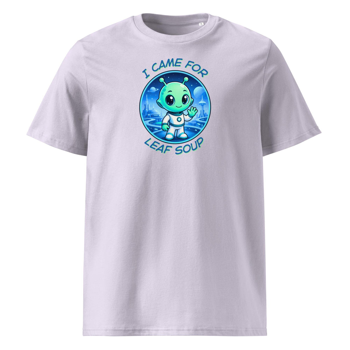 Alien Leaf Soup T-shirt in lavender, front product view on a pale background.