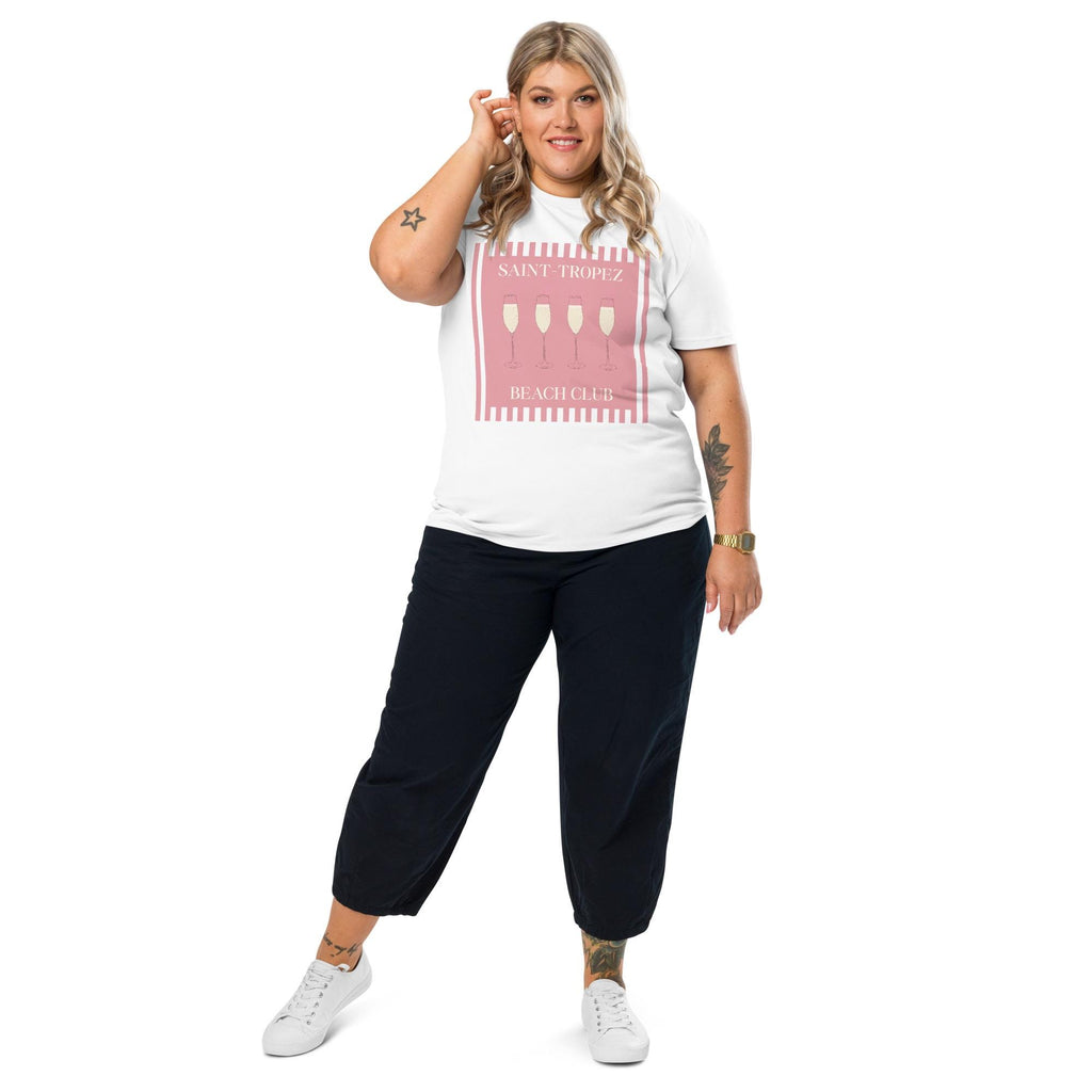 Saint-Tropez Beach Club T-shirt in white, full-length view on a model with black trousers.
