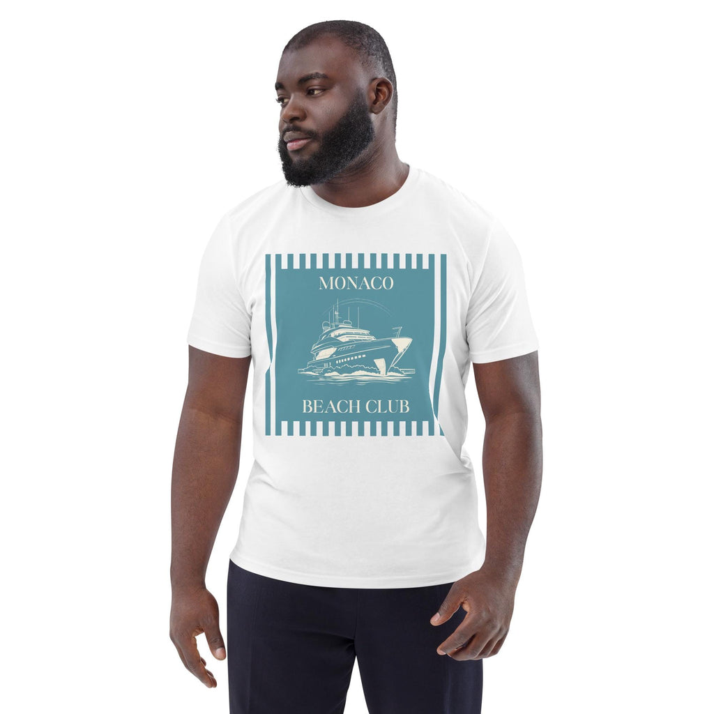 Monaco Beach Club T-shirt in white, worn by a model with dark trousers, front view on white.