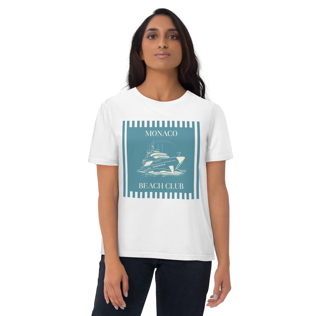 Monaco Beach Club T-shirt in white, worn by a model on white, front view.