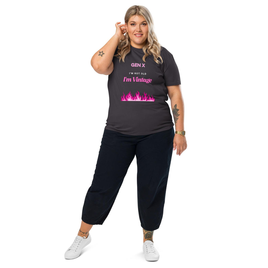 Gen X Pink Flame Vintage T-shirt in anthracite, full-length view on a model with black trousers.