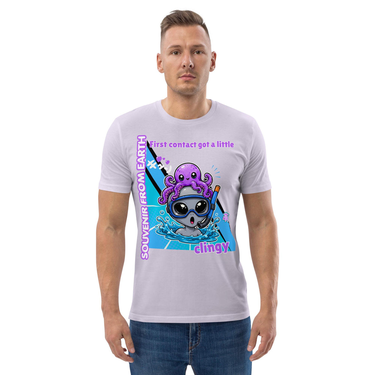 Alien Octopus snorkeling T-shirt in lavender, worn by a model with hands in pockets, front view.