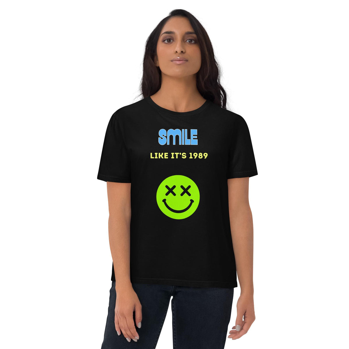 Smile Like It's 1989 rave T-shirt in black, worn by a model on white, front view.