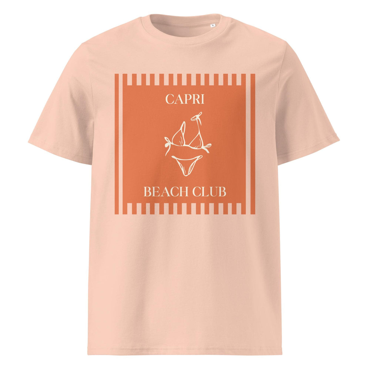 Capri Beach Club T-shirt in peach, front product view on a pale background.