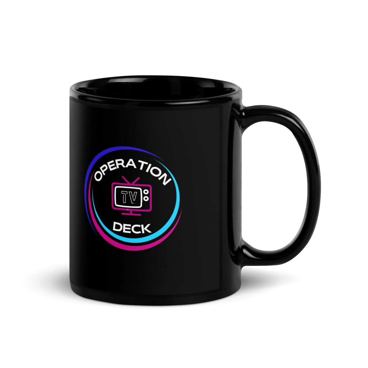 Black Operation Deck gaming mug circular logo side on a white background.