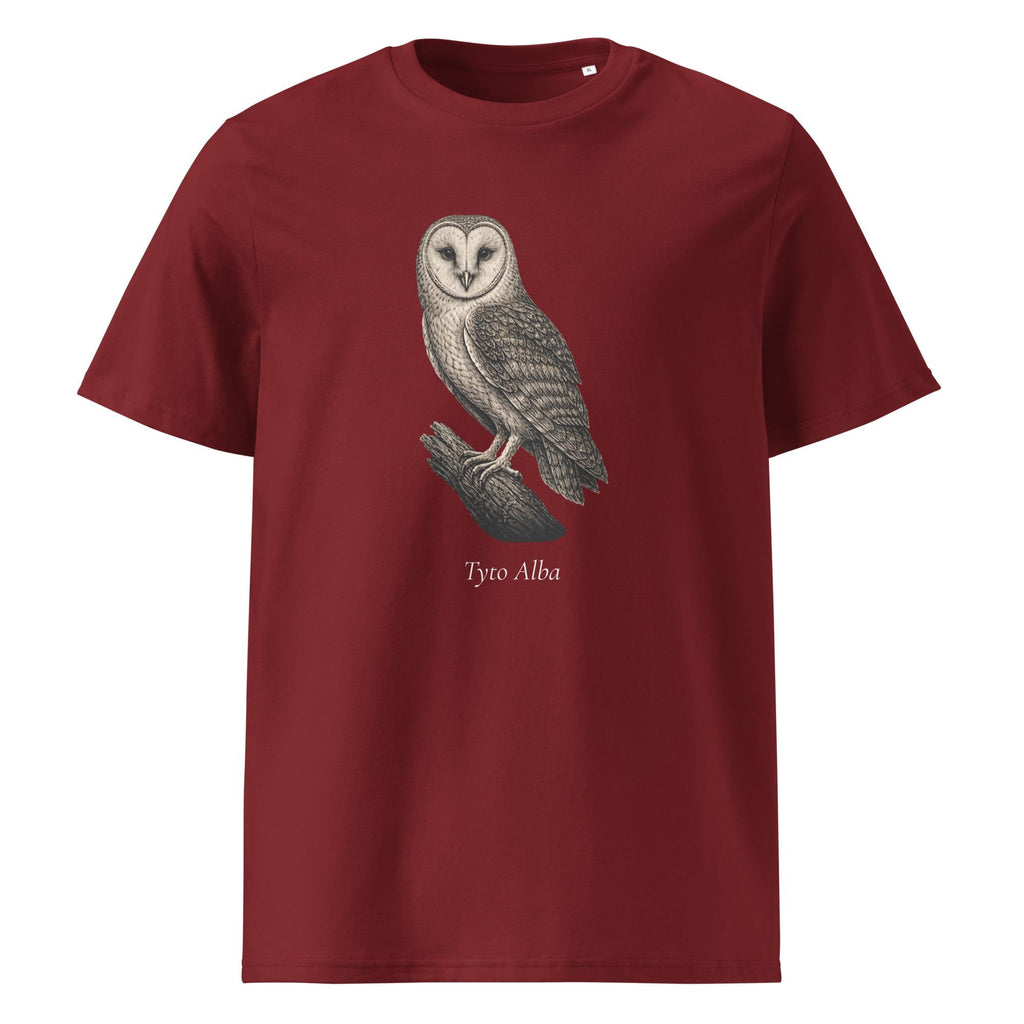 Vintage Barn Owl T-shirt in burgundy, front product view on white showing the owl engraving.