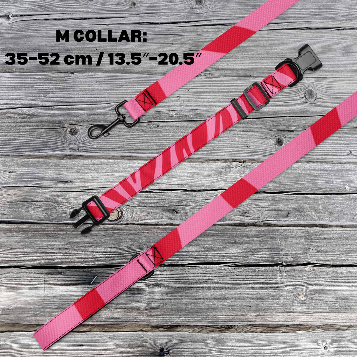 Pink Zebra dog collar and leash set M size diagram showing the collar's 35–52 cm adjustment range.