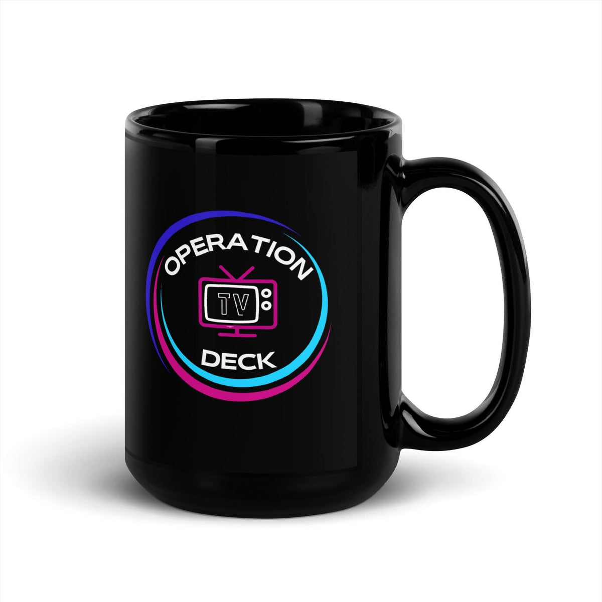Black Operation Deck gaming mug tall mug circular logo side on a white background.