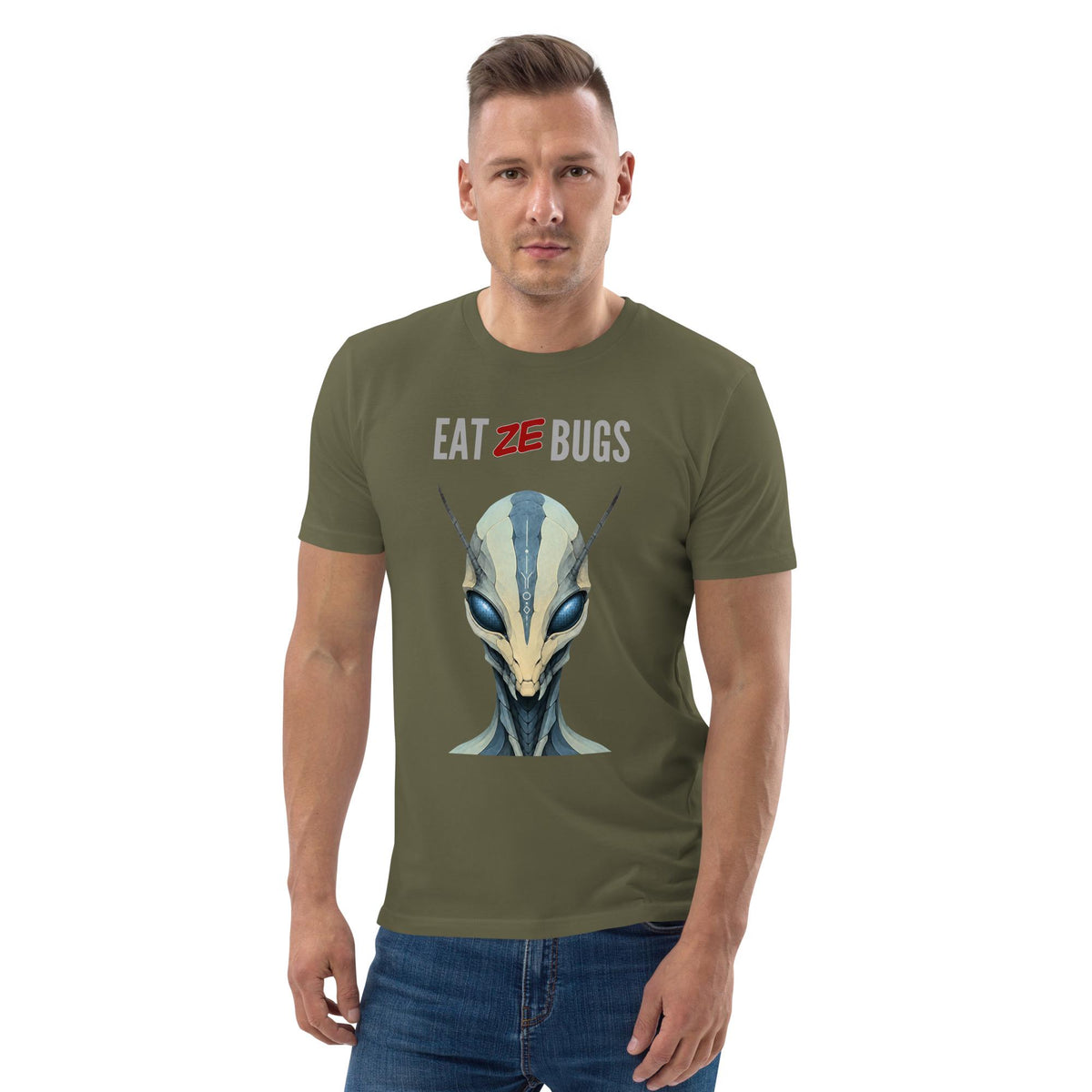 Eat Ze Bugs alien T-shirt in khaki, worn by a model with hands in pockets, front view.