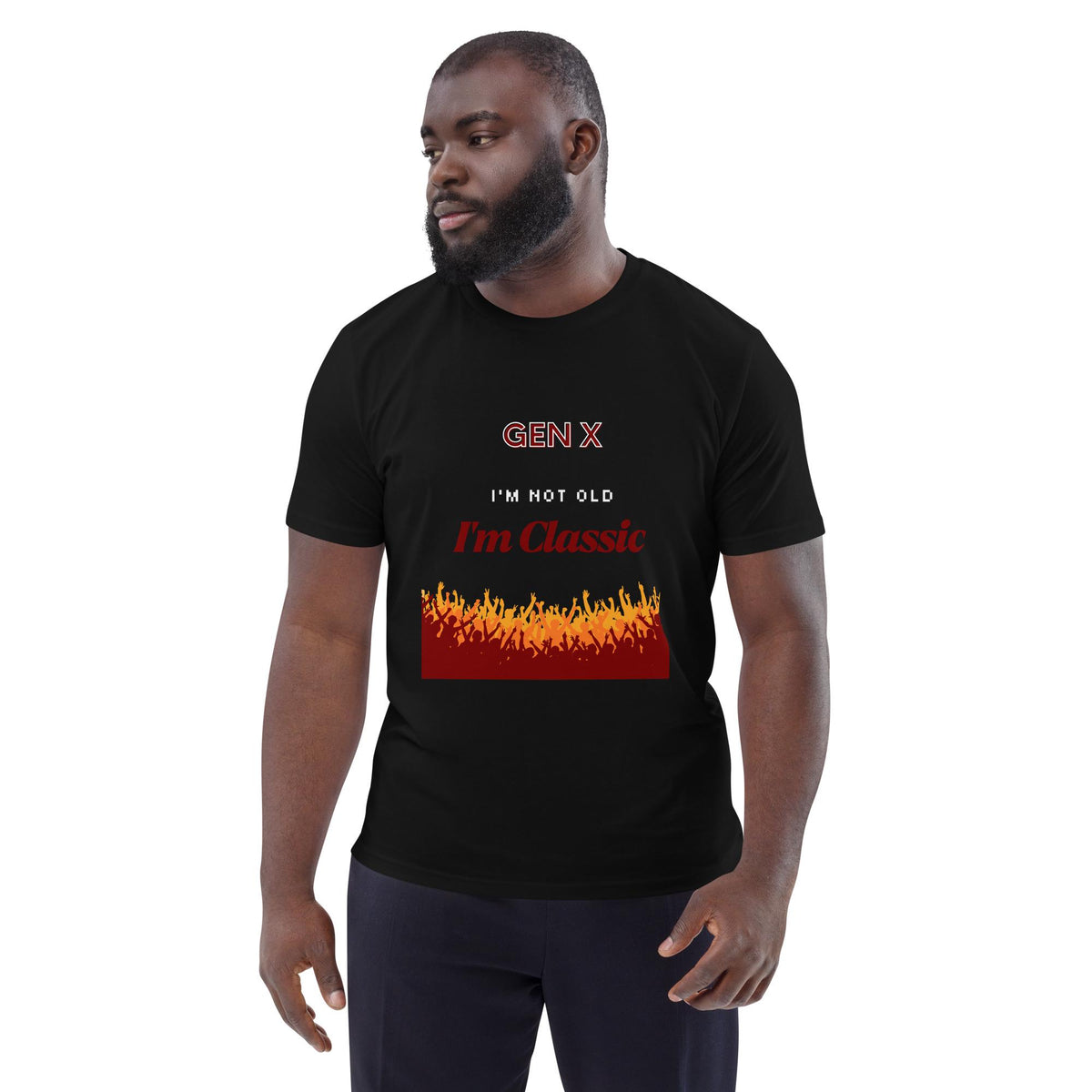 Gen X Orange Flame Classic T-shirt in black, worn by a model with dark trousers, three-quarter view.