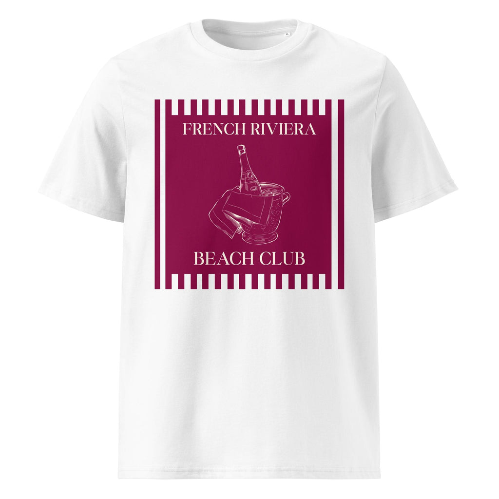 French Riviera Beach Club T-shirt in white, front product view on a pale background.