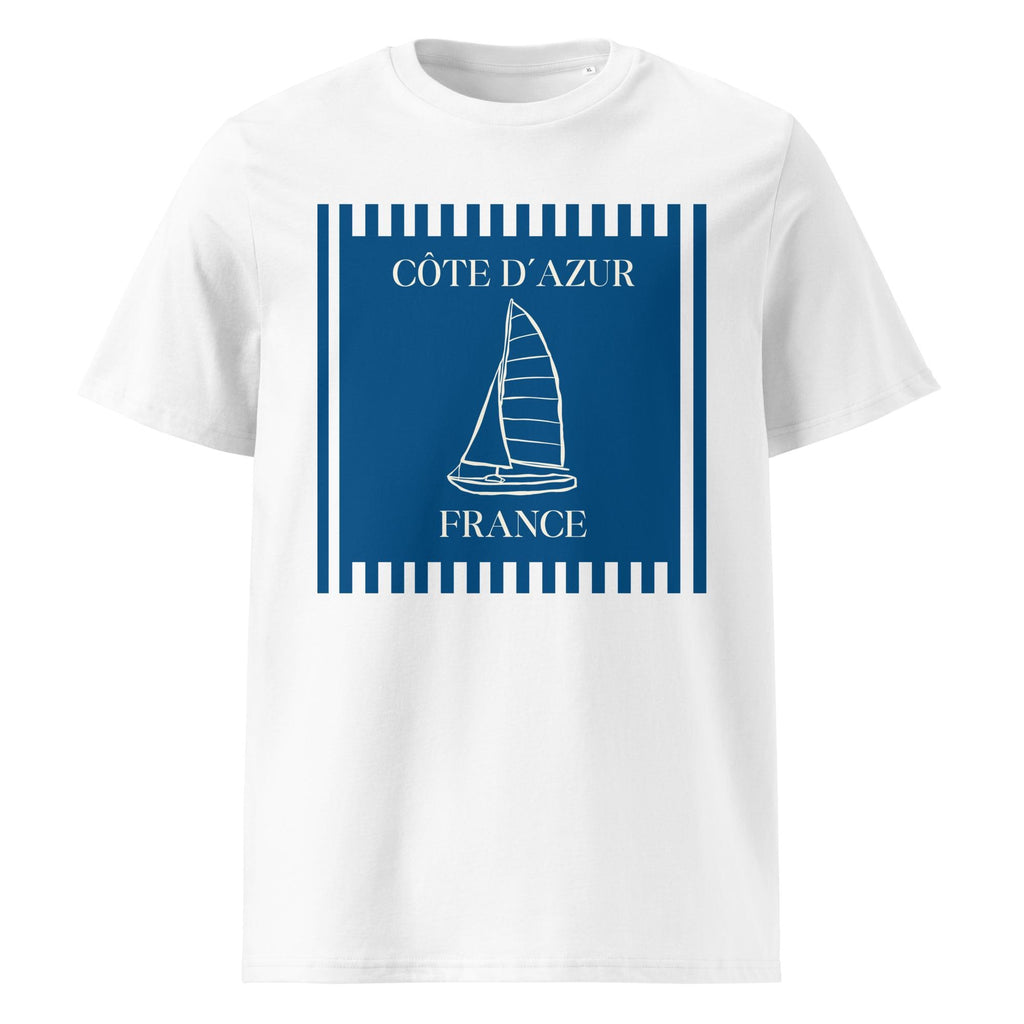 Côte d'Azur sailboat T-shirt in white, front product view on a pale background.