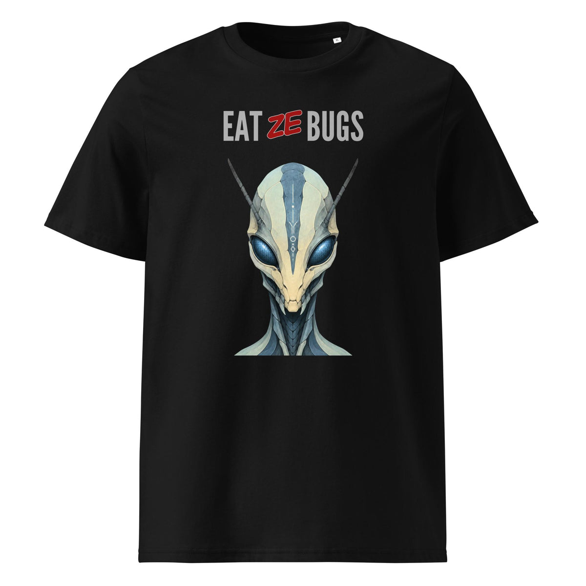 Eat Ze Bugs alien T-shirt in black, front product view on white.