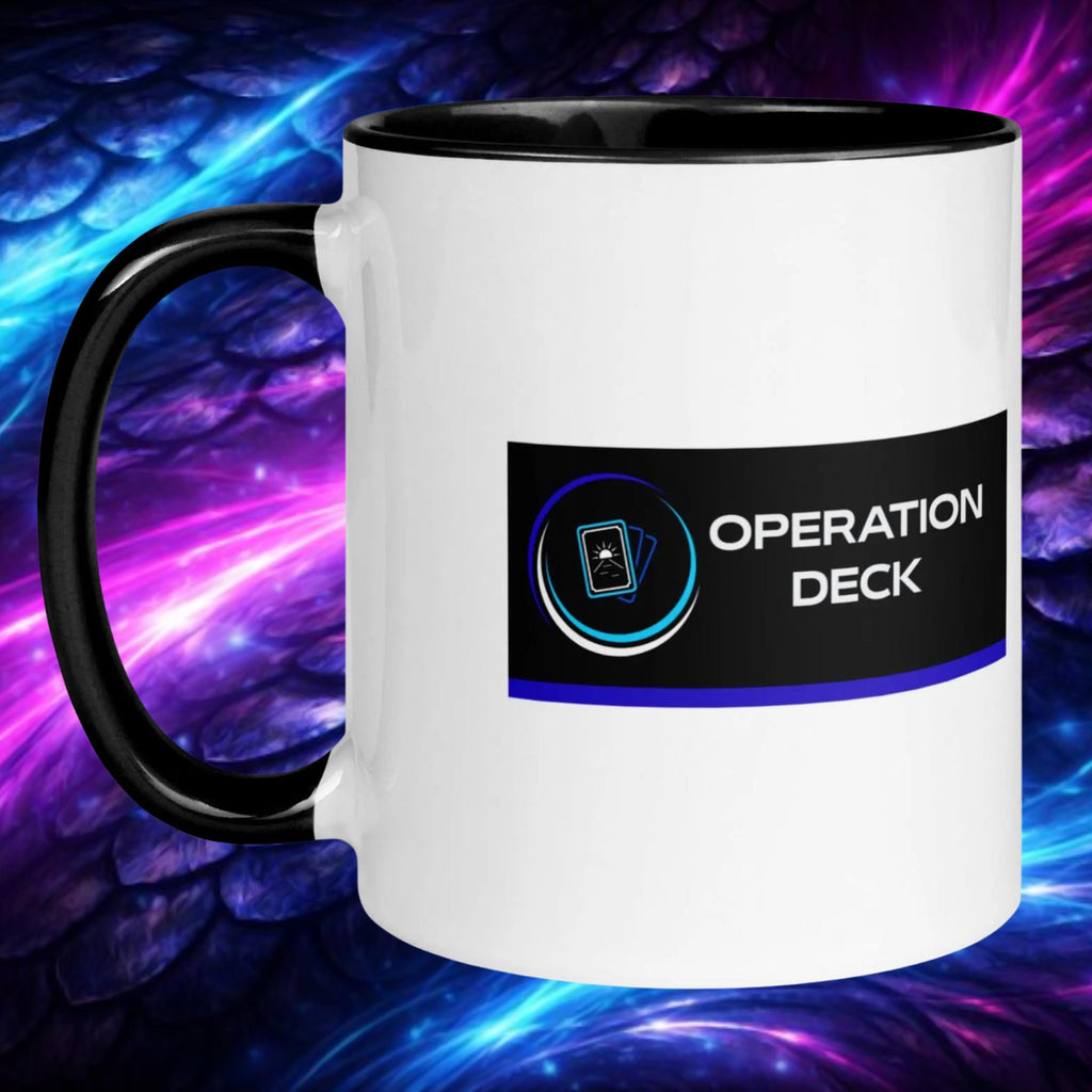 Operation Deck Désagréable mug with black handle and interior, logo side against a cosmic backdrop.