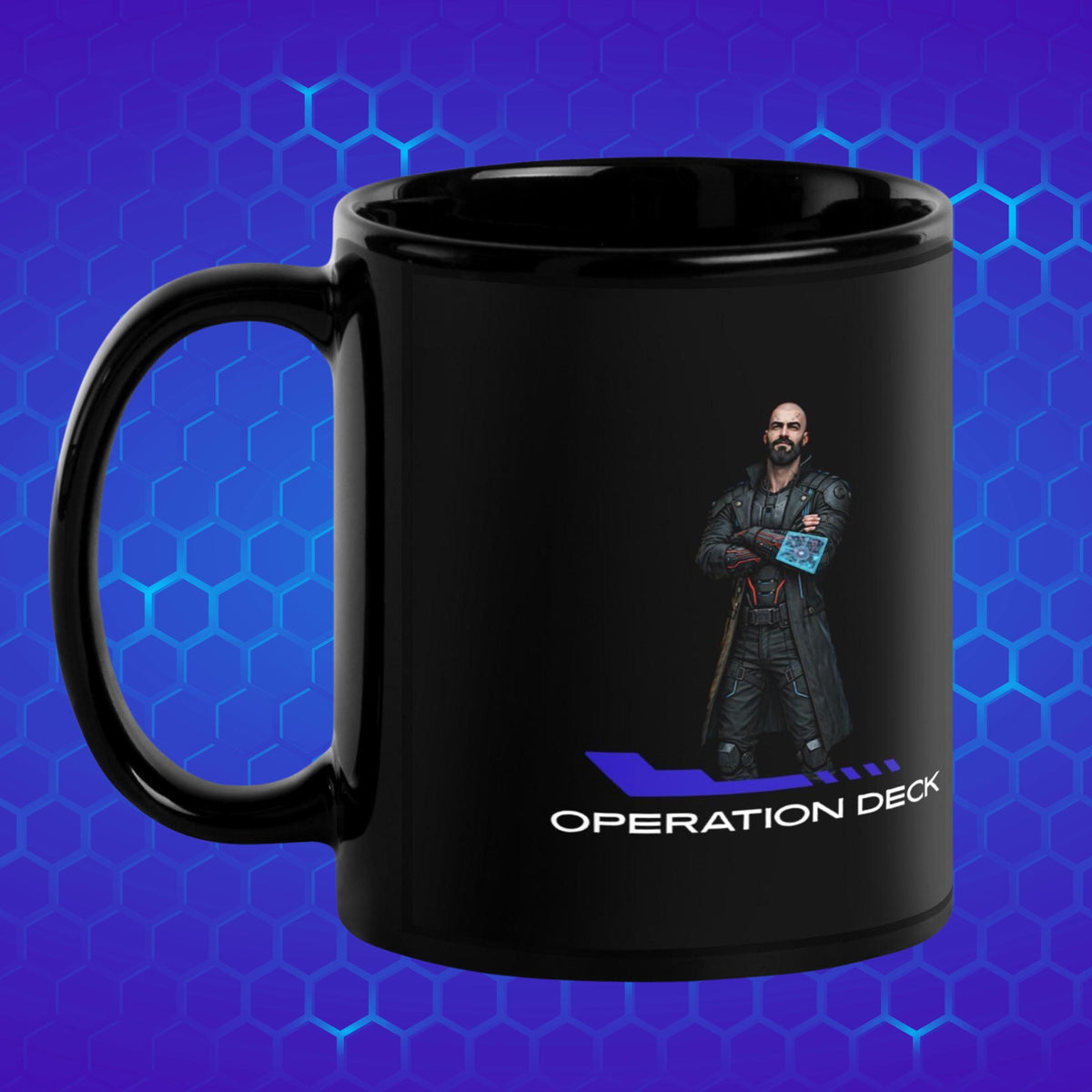 Black Operation Deck gaming mug character artwork side against a purple hexagonal backdrop.