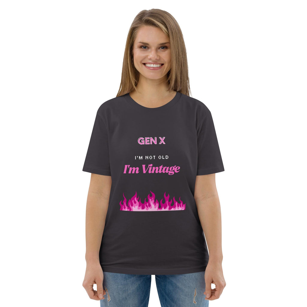Gen X Pink Flame Vintage T-shirt in anthracite, worn by a model with blue jeans, front view.