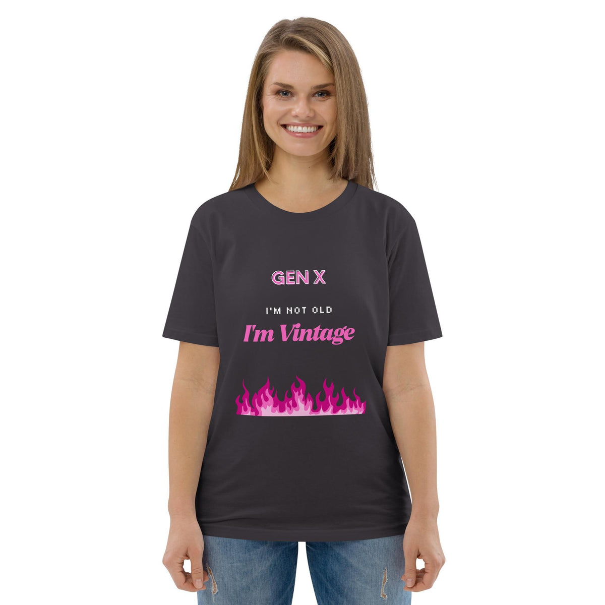 Gen X Pink Flame Vintage T-shirt in anthracite, worn by a model with blue jeans, front view.